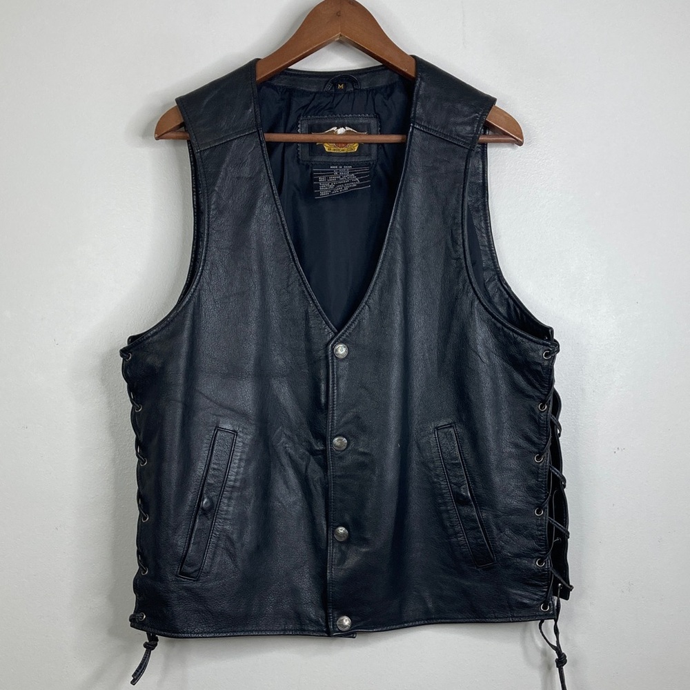 Vintage Harley Davidson Leather Vest Men's Medium Black Side Lace Biker Logo Y2K
